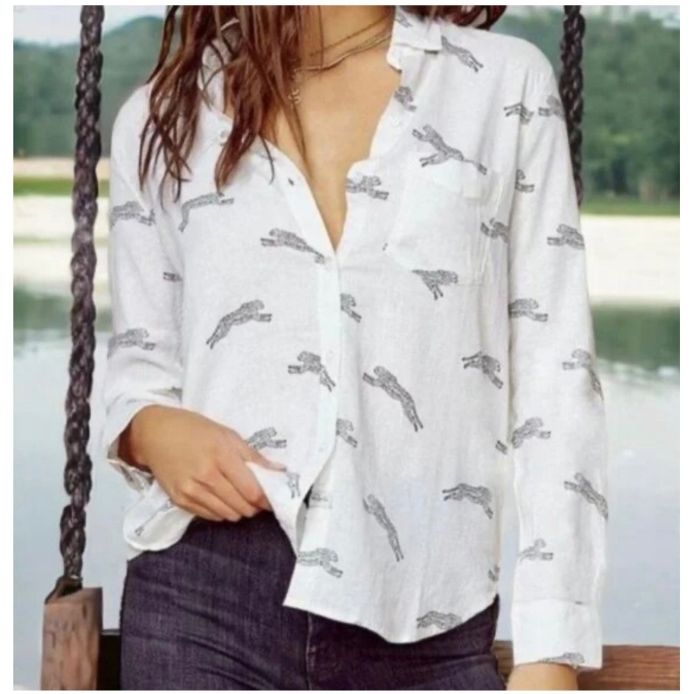 Rails Charli Linen Blend Button Down Shirt White Cheetah Print Small